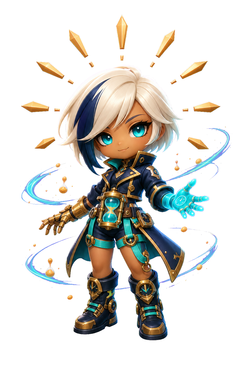 Chrona, a Color Tap character, surrounded by glowing clock fragments