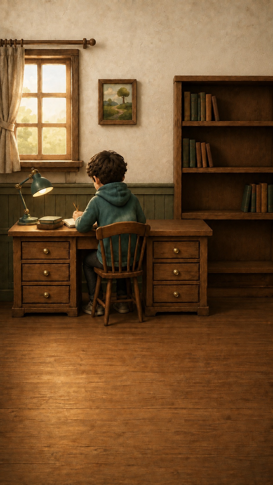 A warm wooden room, a desk full of drawers, and a child writing a letter