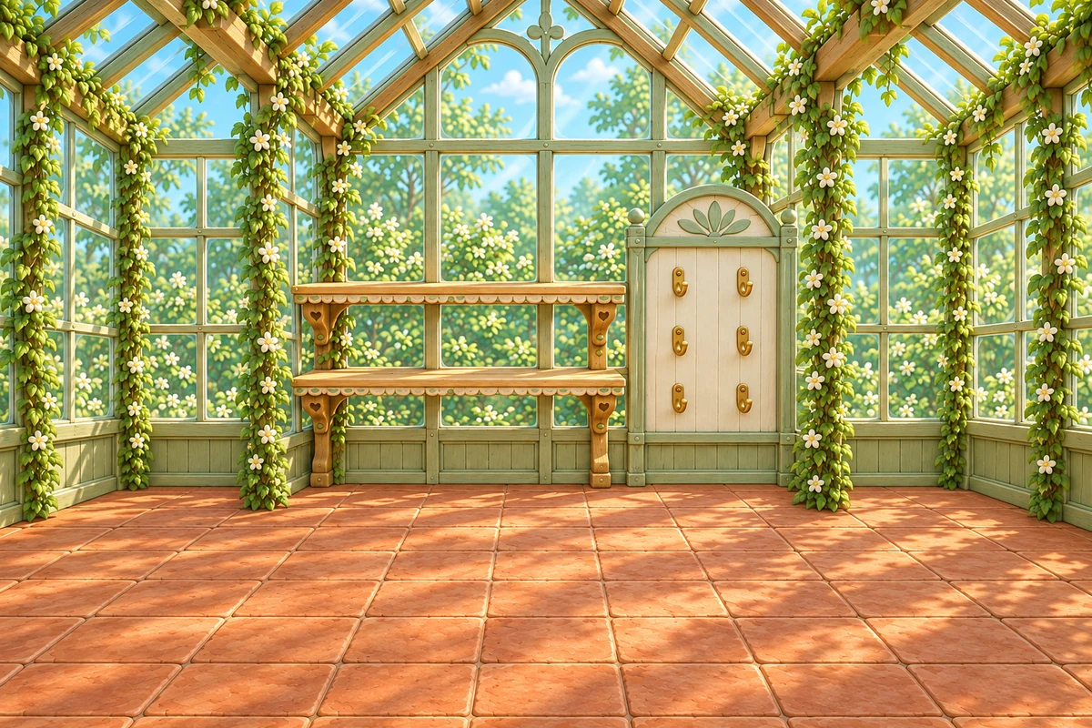 A sunlit Rainrelay greenhouse with wooden flower shelves, climbing vines and a terracotta floor